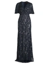 Mac Duggal Beaded V-neck Cape-sleeve Column Gown In Midnight
