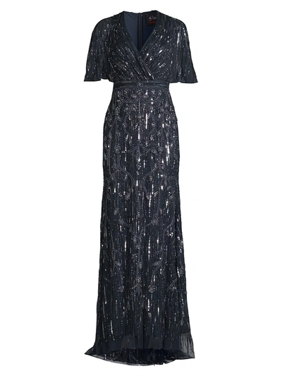 Mac Duggal Beaded V-neck Cape-sleeve Column Gown In Midnight