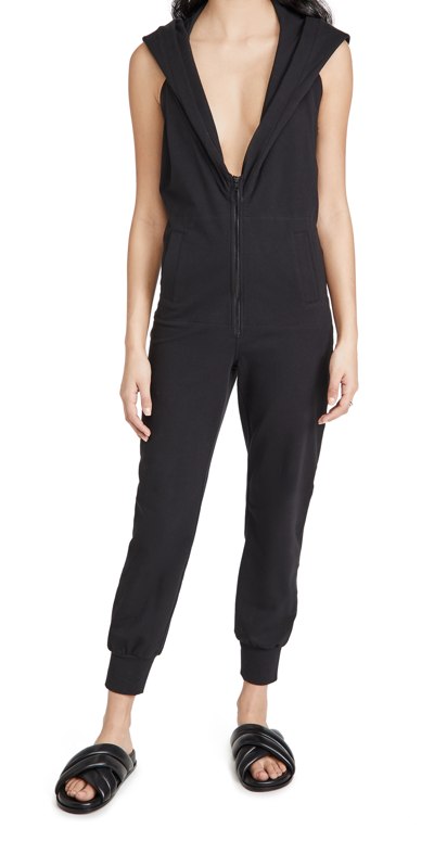 Norma Kamali Halter Zip Hood Hoodie Jog Jumpsuit In Black