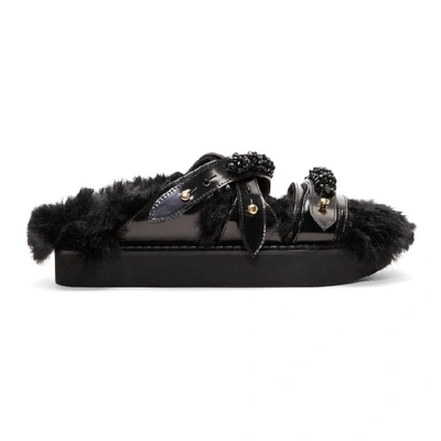 Simone Rocha Faux Fur-trimmed Leather Sandals In 0728 Black/black