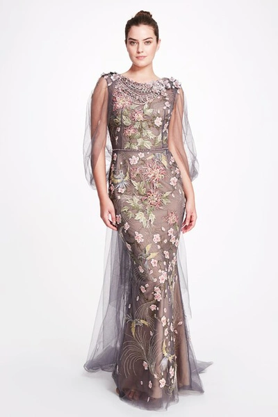 Marchesa Beaded Neck Floral Gown In Neutrals