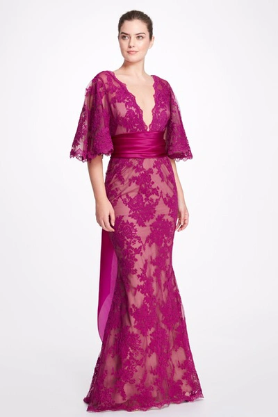 Marchesa Cape Sleeve V Neck Gown In Pink