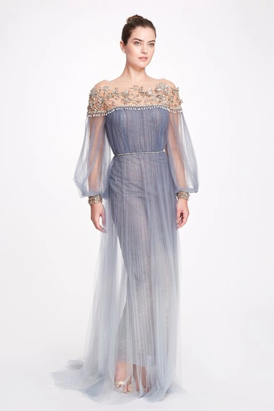 Marchesa Embellished Sheer Illusion Neck Gown