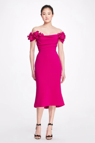 Marchesa Draped Off-the-shoulder Crepe Midi Dress In Magenta