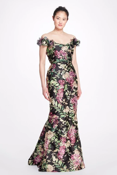 Marchesa Off-the-shoulder Floral-embroidered Gown In Wisteria