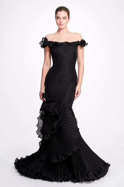 Marchesa Off-the-shoulder Pleated Organza Gown In Black