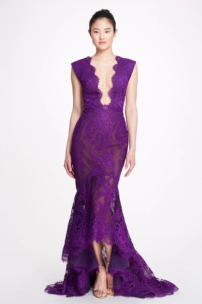 Marchesa Sleeveless Fitted High-low Gown In Purple