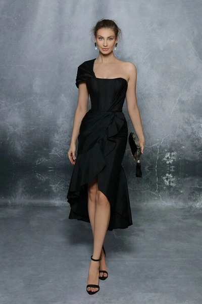 Tarik Ediz Ruffle Skirt One Shoulder Dress In Black