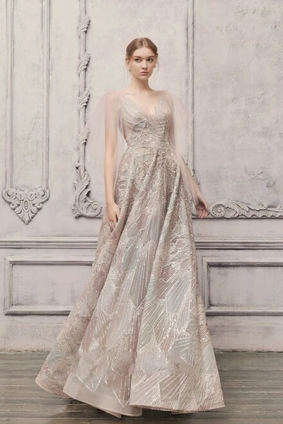 The Atelier Couture Embellished Long Cape Sleeve Gown