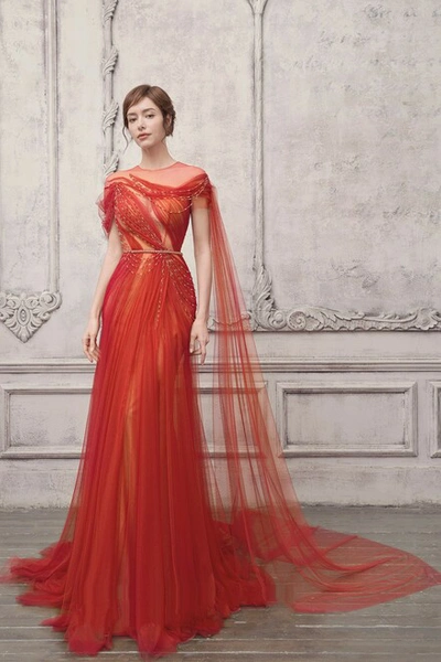 The Atelier Couture Illusion Neck Draped Shoulder Gown