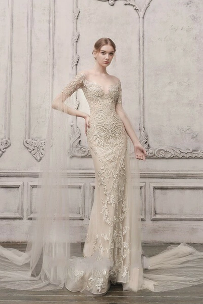 The Atelier Couture Long Fitted Cape Sleeve Gown