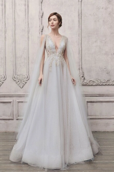 The Atelier Couture Long Draped Sleeve A-line Gown