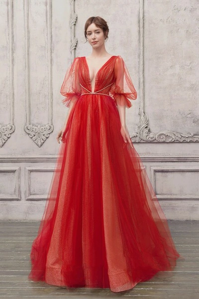 The Atelier Couture Puff Sleeve Plunging Neck Gown