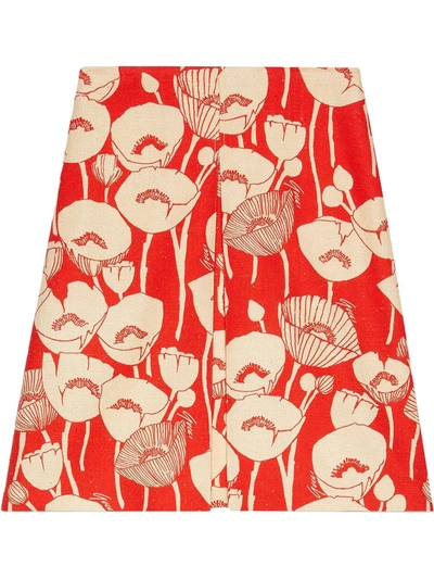 Gucci Flower Print Silk Skirt In Red