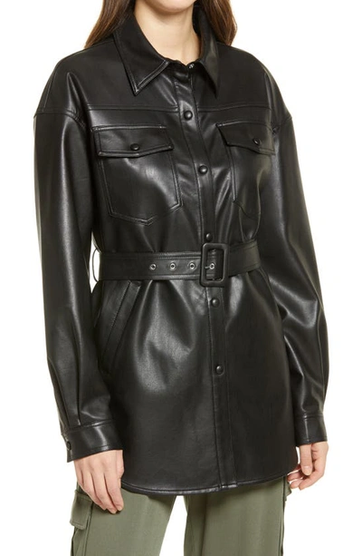 Sanctuary Faux Leather Belted Shirt Jacket In Black