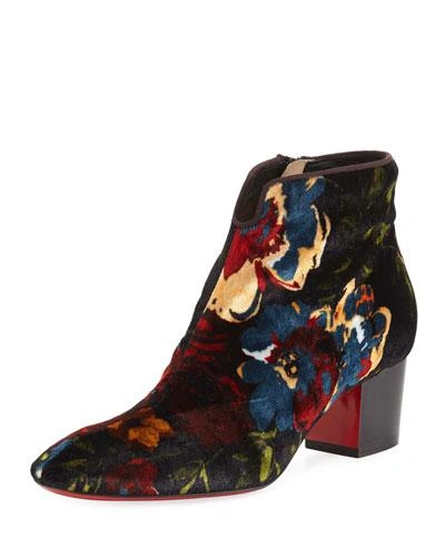 Christian Louboutin Disco Floral Velvet Red Sole Bootie In Black