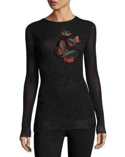 Fuzzi Long-sleeve Top W/ Butterfly Embroidery In Black