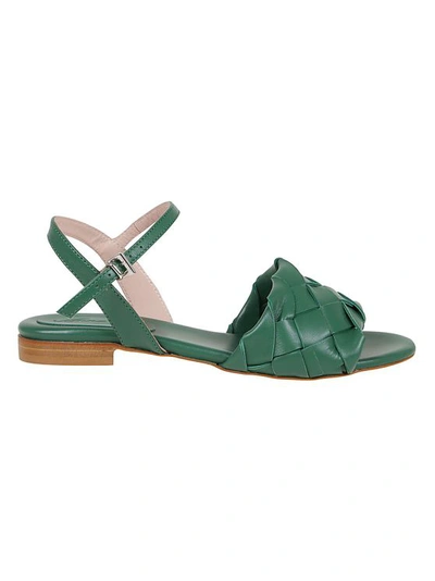 Anna F Woven Leather Flat Sandals In Green