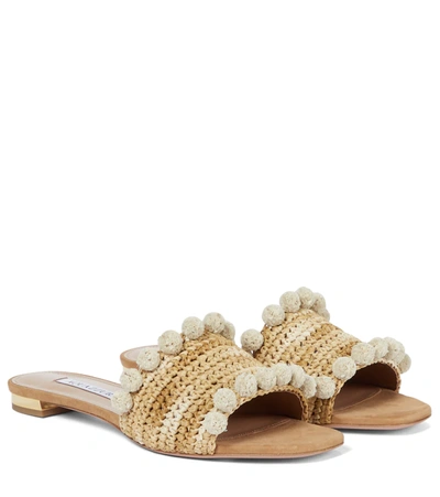 Aquazzura Pompom-embellished Woven Raffia Slides In Sweet Honey