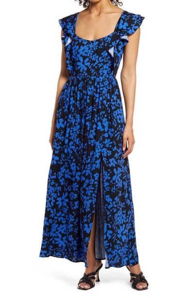 French Connection Floral Drape Maxi Sundress In Black-ceramic Blue