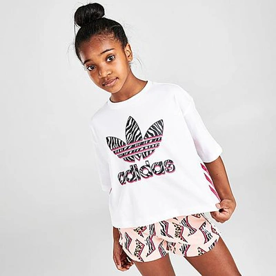 Adidas Originals Kids' Adidas Girls' Originals Zebra-infill Trefoil Cropped T-shirt In White/multicolor/wild Pink