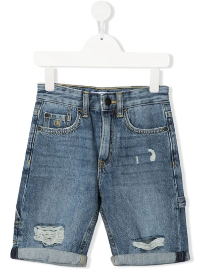Calvin Klein Kids' Distressed Denim Shorts In Blue