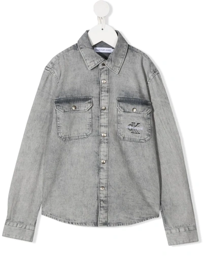 Calvin Klein Kids' Logo-embroidered Denim Shirt In Grey