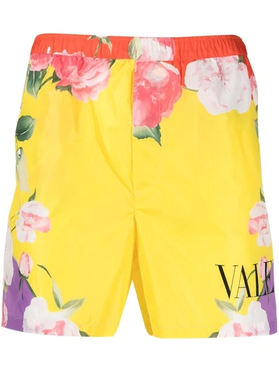 Valentino Flying Flowers-print Swim Shorts In Yellow
