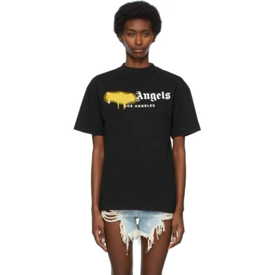 Palm Angels Black 'los Angeles' Sprayed Logo T-shirt In Black Yellow