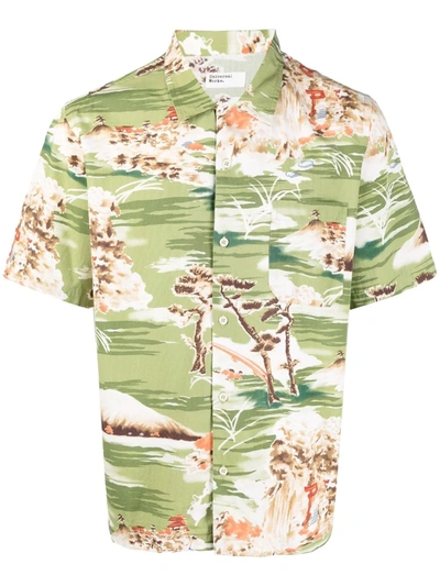 Universal Works Road Camp-collar Printed Cotton Shirt In Green
