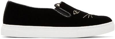 Charlotte Olympia Woman Leather-trimmed Embroidered Houndstooth Woven Slip-on Sneakers Black