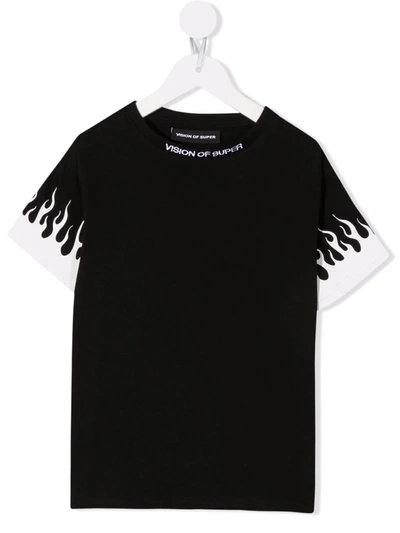 Vision Of Super Kids' Flame-print Short-sleeved T-shirt In Black