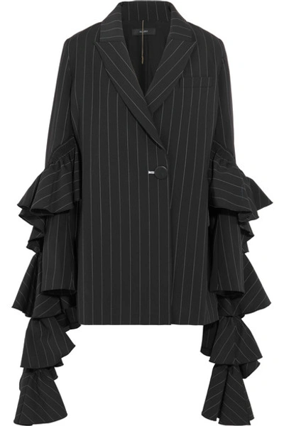 Ellery Perfect Pitch Ruffled Pinstriped Crepe Blazer In Black