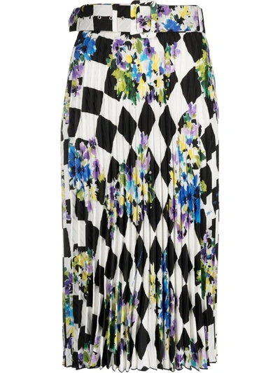 Off-white Check Printed Crepe Pleated Midi Skirt In Black White