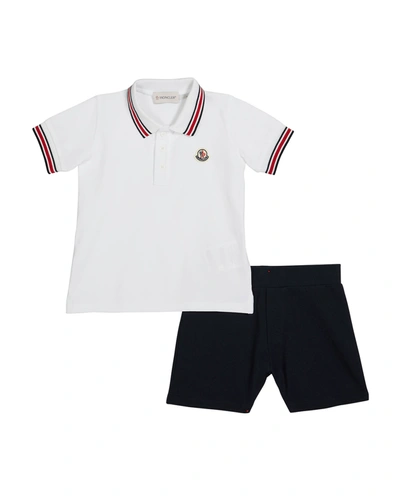 Moncler Kids' Boy's Logo Embroidered Striped Polo Shirt W/ Shorts In White