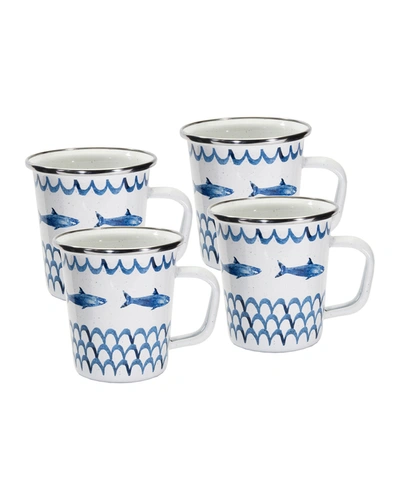 Golden Rabbit Fish Camp Enamelware Latte Mugs, Set Of 4 In Blue