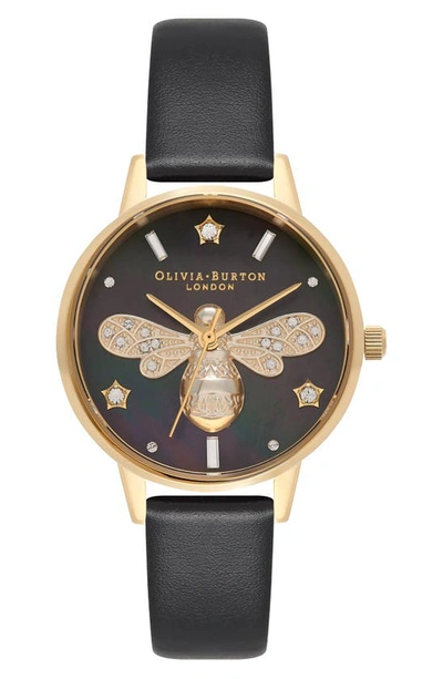 Olivia Burton Sparkle Bee Leather Strap Watch, 30mm In Black Mop