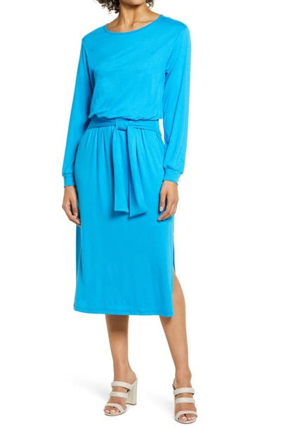 Fraiche By J Tie Waist Long Sleeve Midi Dress In Blue