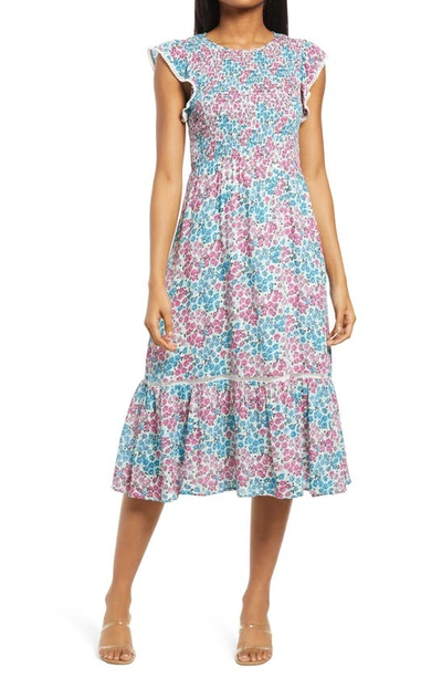 Lost + Wander Blossom & Bloom Floral Smocked Dress In Blue Pink Floral