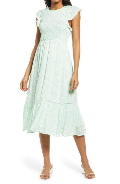 Lost + Wander Blossom & Bloom Floral Smocked Dress In Mint White Floral