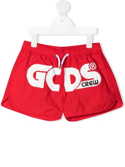 Gcds Kids' Logo Print Nylon Swim Shorts In Red