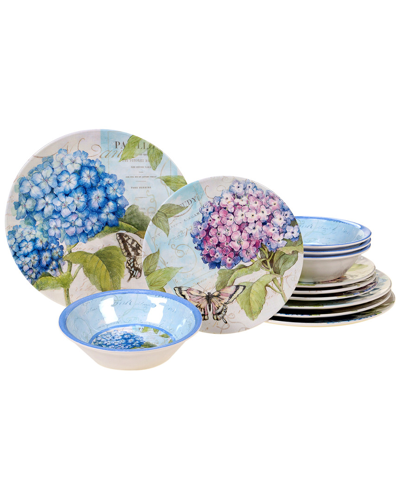 Certified International Melamine Hydrangea Garden 12pc Dinnerware Set In Blue,mulitcolored