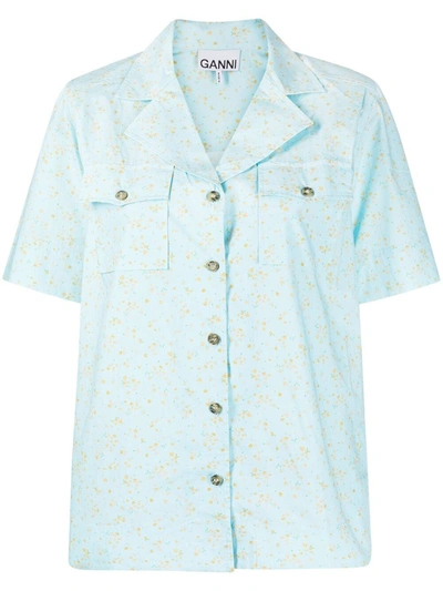 Ganni Floral Organic Cotton Poplin Button-up Shirt In Blue