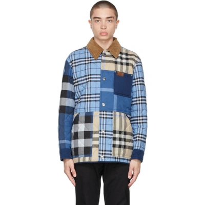 Burberry Blue Cotton Check Jacket In Blue,beige