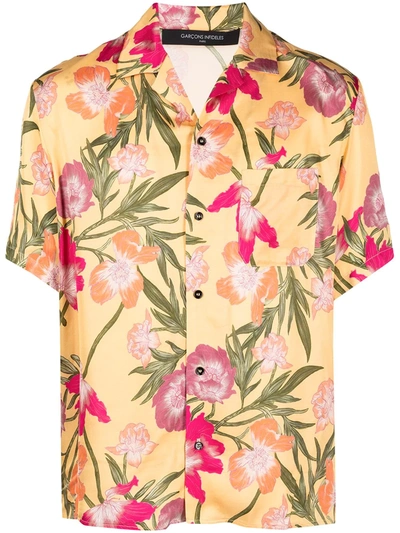 Garcons Infideles Hawaiian Botanical Print Short Sleeve Shirt, Yellow In Brown
