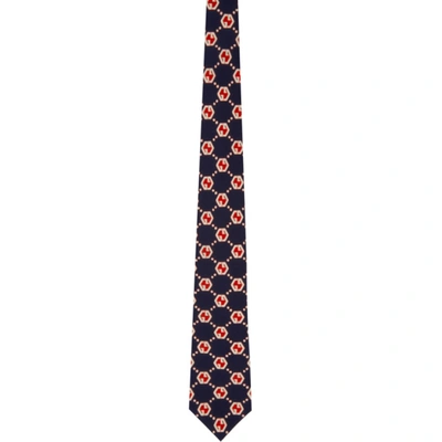 Gucci Navy & Red Silk Gg Hexagon Tie In Printed