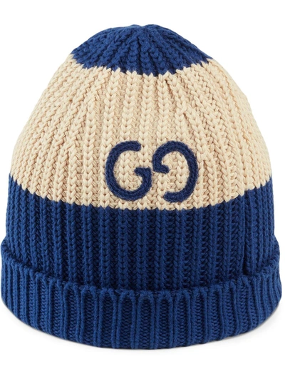 Gucci Gg Embroidered Knitted Beanie In Blue And Ivory
