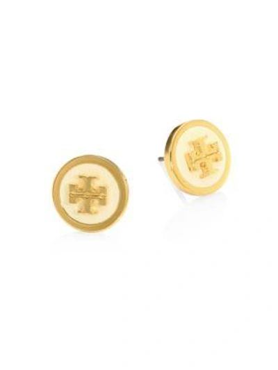 Tory Burch Lacquered Raised Logo Stud Earrings In New Ivory