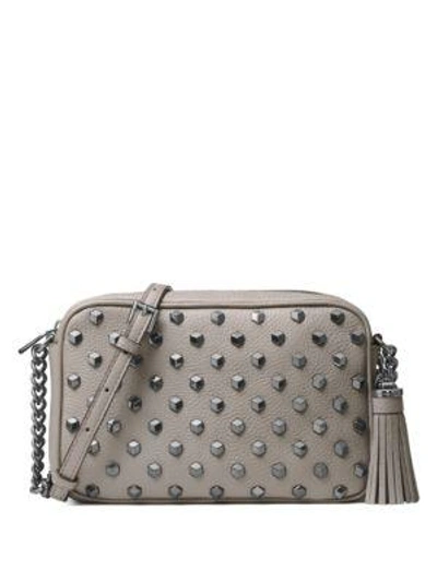 Michael Michael Kors Ginny Studded Medium Leather Camera Bag In Pearl Gray/silver