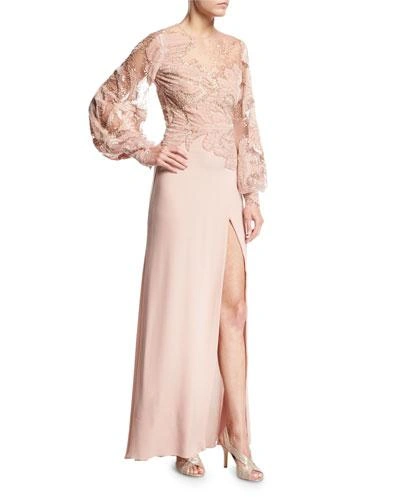 Elie Saab Blouson-sleeve Embellished Velvet Lace Gown In Pink